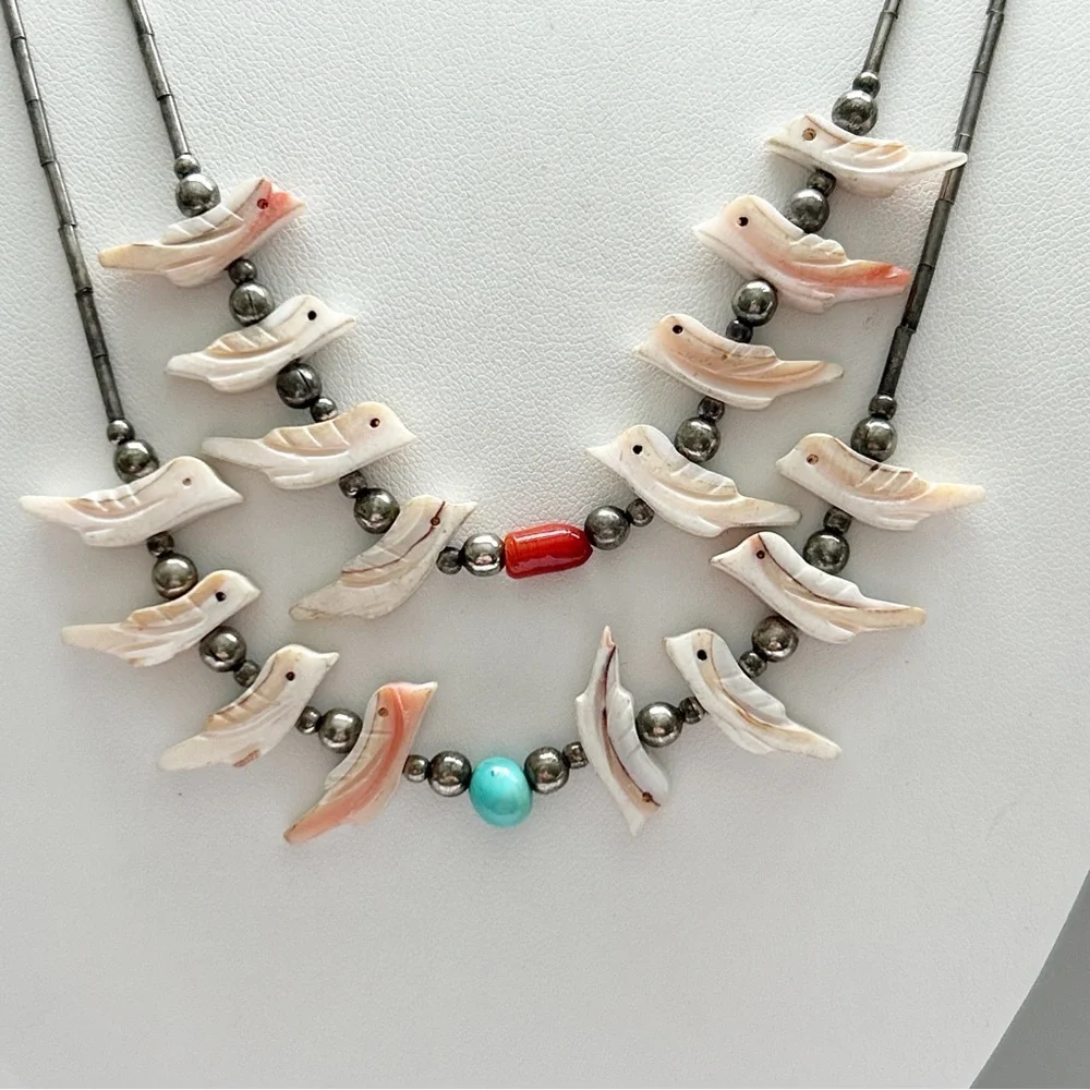 Vintage Southwestern Two Strand Fetish Turquoise Coral Sterling Silver Necklace - Picture 10 of 13